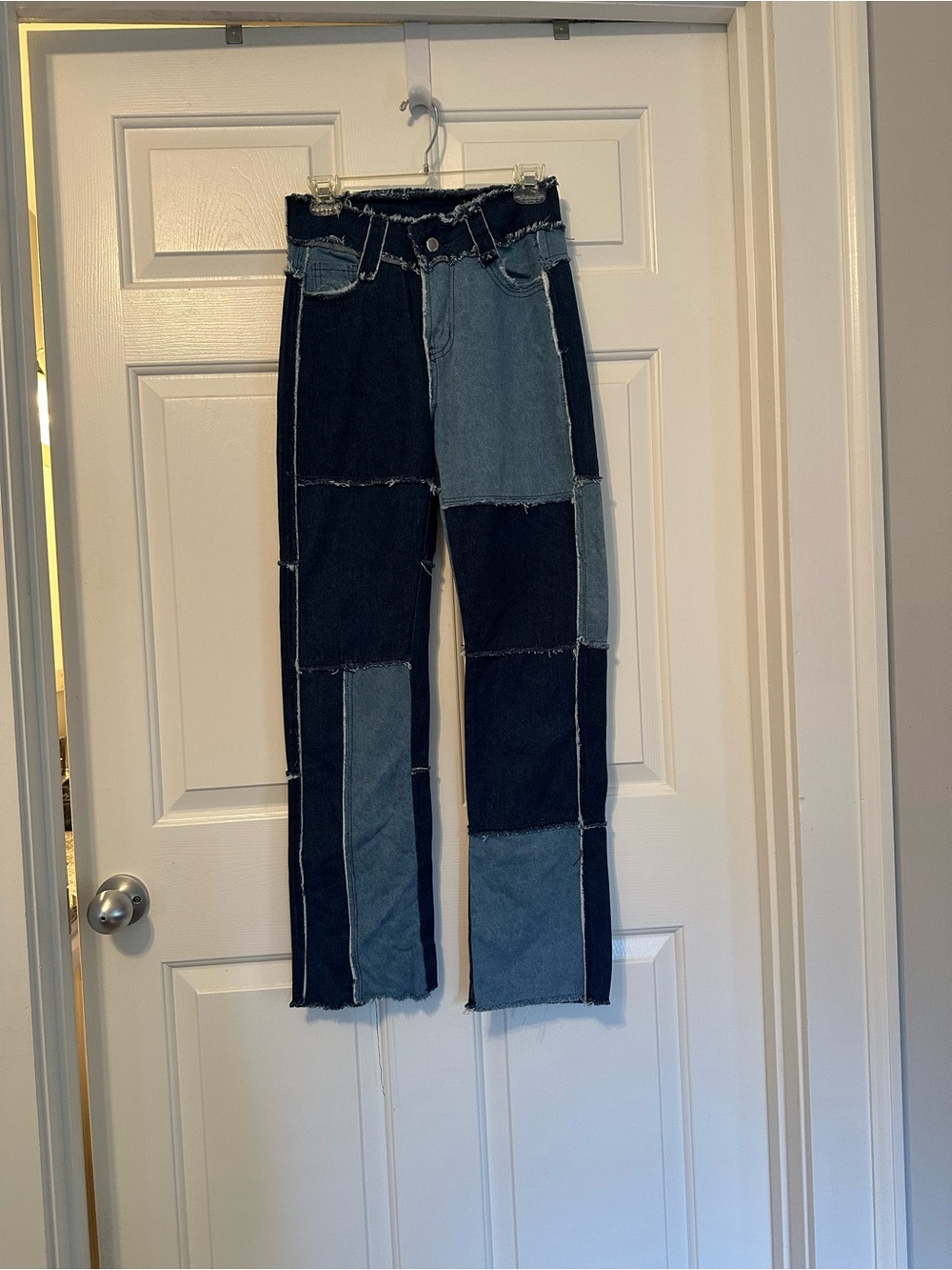 Two-Tone Patchwork Straight Leg Jeans - Blue
